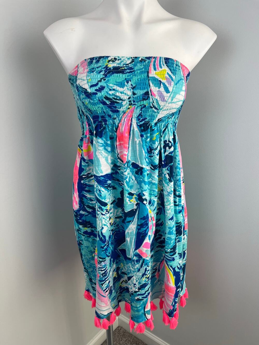 Lilly Pulitzer Smocked Strapless Dress w Tassels in Hey Bay Sailboat Print Small